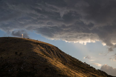 Low angle view of mountain against cloudy sky