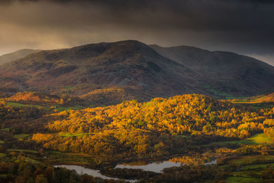 Scenic view of mountains against sky during autumn