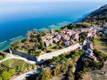 Italy, november 19, 2023 - aerial view of the small medieval village of fiorenzuola di focara