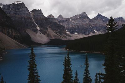 Scenic view of lake and mountains against sky