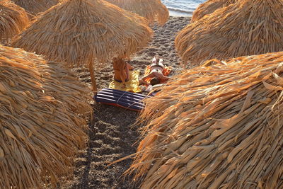 People resting under thatched roof on beach