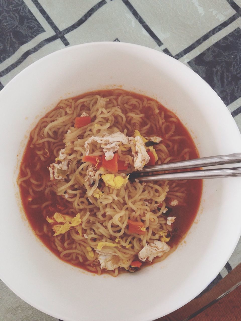 food and drink, food, indoors, plate, freshness, ready-to-eat, healthy eating, table, bowl, still life, high angle view, serving size, meal, spoon, noodles, seafood, directly above, close-up, served, indulgence