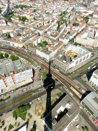 High angle view of street amidst buildings in city