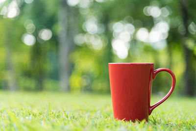 Close-up of red coffee cup on field