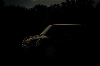 Car moving against black trees