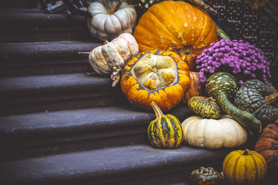Fall still life with pumpkins on a front of the house against colorful background in new york city