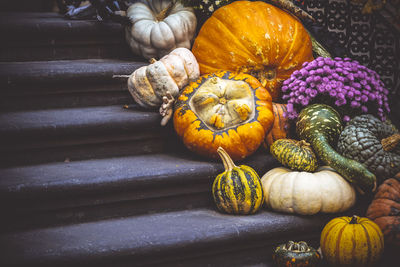 High angle view of pumpkins on table