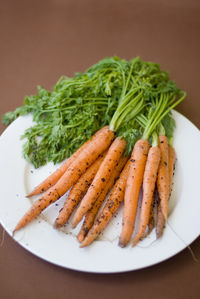 High angle view of vegetables in plate on table