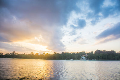 Scenic view of lake against sky during sunset