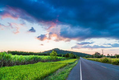 Empty road amidst field against sky