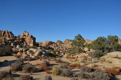 Panoramic view of rock formations against clear blue sky