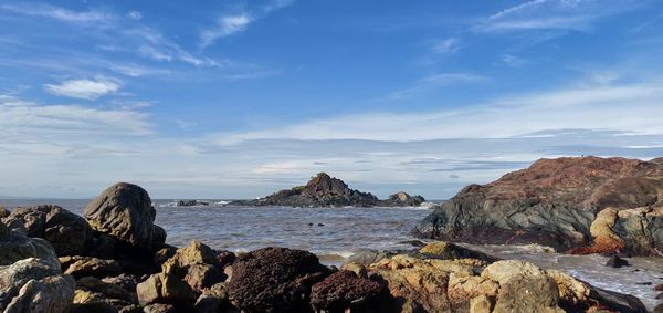 Rocks on beach against sky