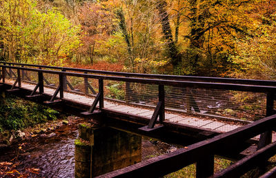 Footbridge over river in forest during autumn