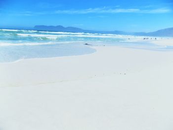 Scenic view of beach against blue sky