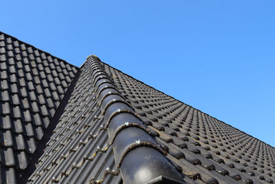 Low angle view of modern building against clear blue sky