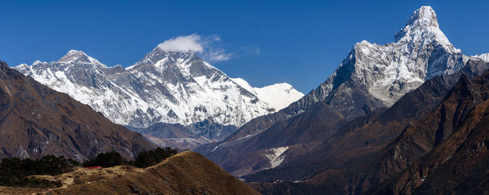 Scenic view of snowcapped mountains against clear blue sky