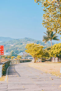 Road amidst trees against clear sky