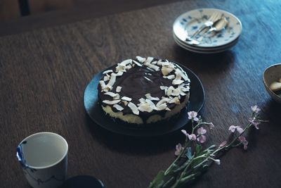 High angle view of cake in plate on table