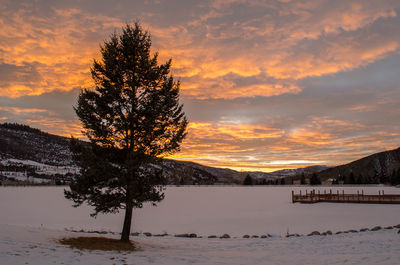 Scenic view of snow covered landscape during sunset