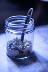 High angle view of drink in jar on table