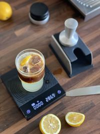 High angle view of drink on table