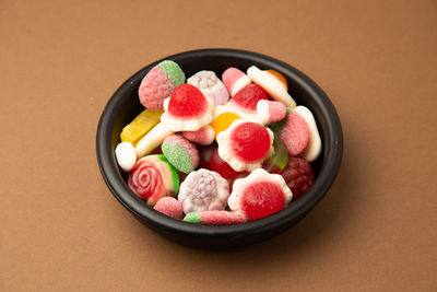 High angle view of fruits in bowl on table