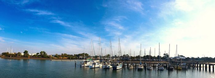 Sailboats moored at harbor against sky