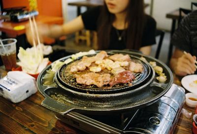 High angle view of food on table in restaurant