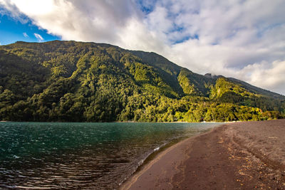 Scenic view of lake and mountains against sky