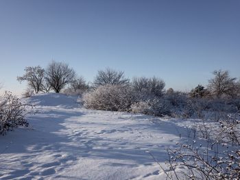 Snow covered field against clear sky