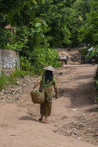 Rear view of woman walking on field