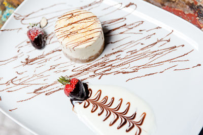 High angle view of dessert in plate on table