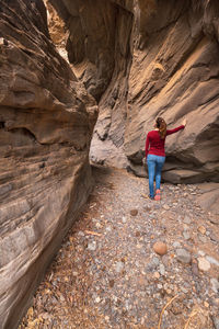 Rear view of woman standing on rock