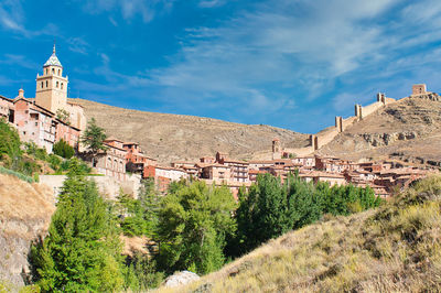 Beautiful view of the town of albarracin in teruel, with the bell tower of its cathedral 