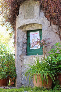 Low angle view of text on wall by building