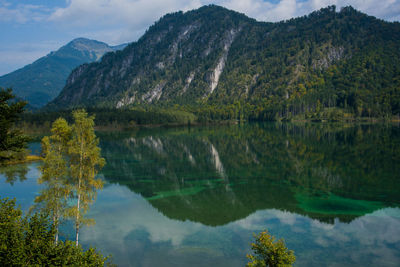 Scenic view of lake and mountains against sky