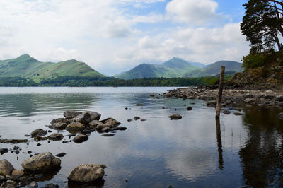 Scenic view of lake by mountains against sky