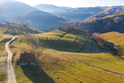 Autumn aerial shot of a ranch, homestead. drone view of rural place in transylvania, romania