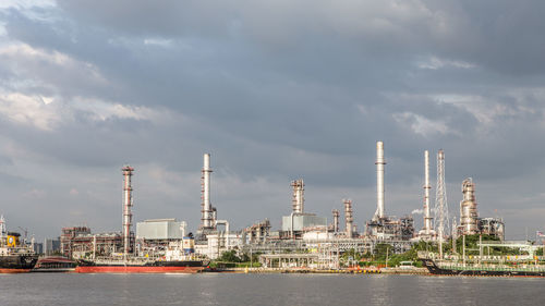 Factory by sea against sky