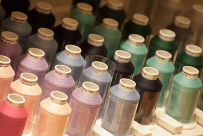 High angle view of various bottles