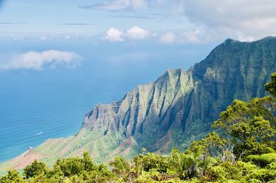 Scenic view of sea and mountains against sky