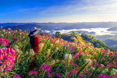 Rear view of person standing by flowering plants