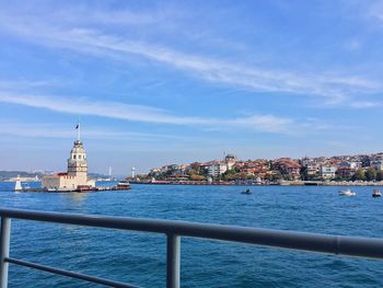 View of the maiden's tower by bosporus in city against blue sky