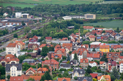 High angle view of houses in town