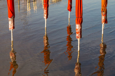 High angle view of wooden post in lake