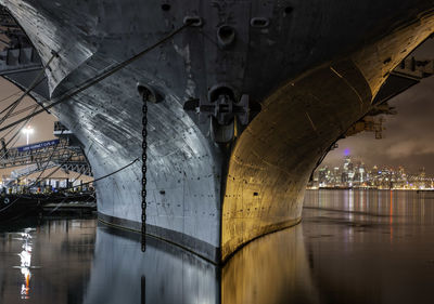 Reflection of bridge on river in city