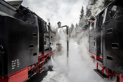 Train on railroad tracks during winter