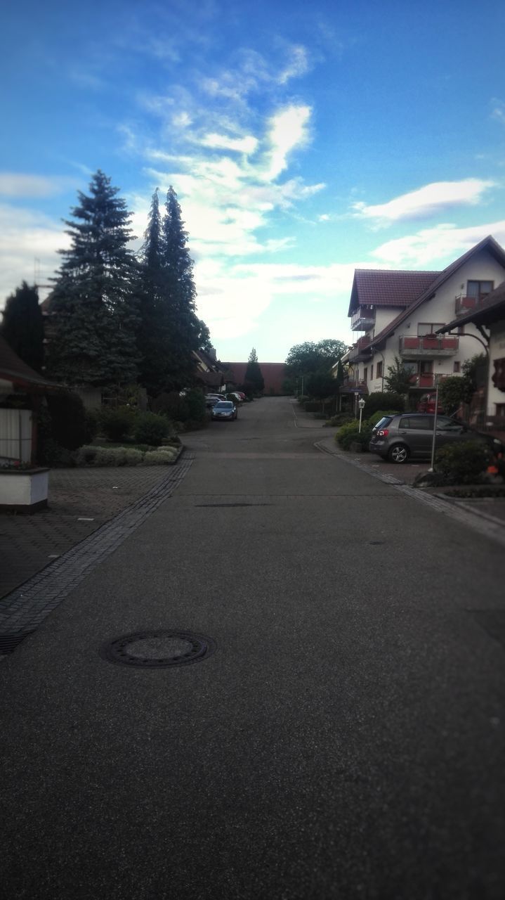 ROAD AMIDST HOUSES AND TREES AGAINST SKY