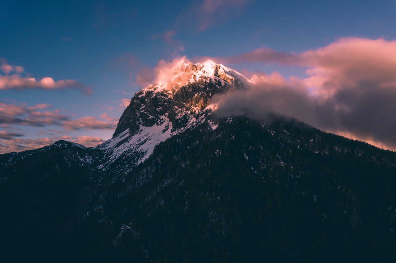 mountain, sky, cloud - sky, scenics - nature, beauty in nature, sunset, cold temperature, tranquil scene, tranquility, nature, winter, snow, non-urban scene, no people, mountain range, idyllic, snowcapped mountain, environment, mountain peak, outdoors