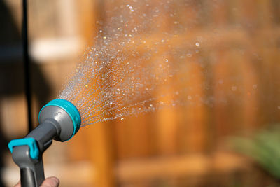 Garden hose sprays water droplets onto your flower garden